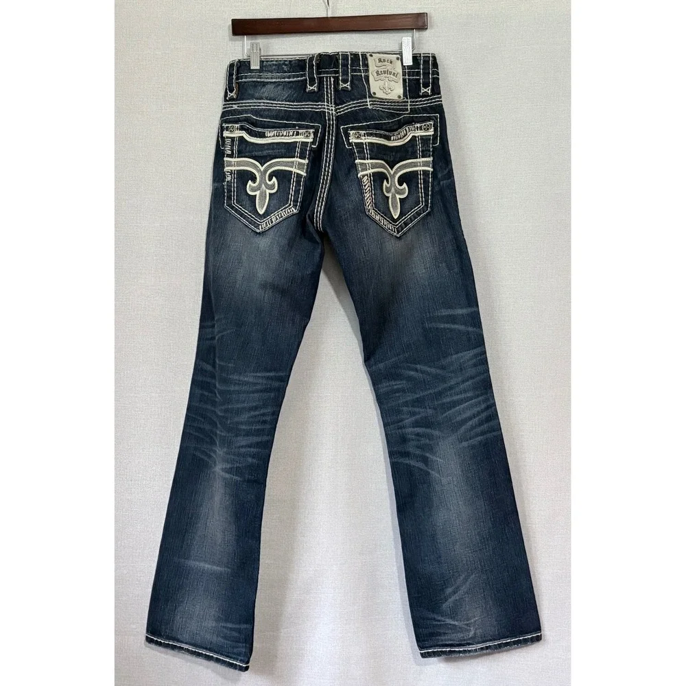 Rock Revival Men Drk Wash Bootcut Jeans Fleur de Lis Thick Stitch Blue 29x32 Y2K